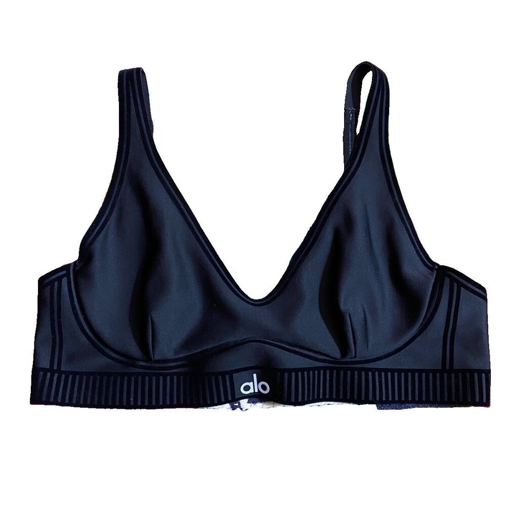 Alo Yoga Airlift Line Up Bra Sz S Black Velvet Trim Ribbed Medium Support